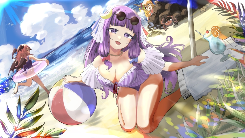 3girls absurdres alternate_costume ball beach beachball black_choker black_wings blonde_hair blue_sky blunt_bangs bow breasts brown_horns cherry choker cleavage cloud cocktail commentary_request cookie_(touhou) crab crescent crescent_hair_ornament day demon_girl demon_wings dual_persona dutch_angle eyewear_on_head fern food frilled_one-piece_swimsuit frills fruit full_body hair_bow hair_ornament head_tilt head_wings highres holding holding_ball horns ibuki_suika koakuma large_breasts long_hair looking_at_viewer multiple_girls one-piece_swimsuit open_mouth orange_(fruit) orange_slice outdoors patchouli_knowledge peeking_out pink_innertube purple_eyes purple_hair purple_one-piece_swimsuit red_bow red_eyes red_hair rock running seiza sitting sky smile solo_focus starfish striped_clothes striped_one-piece_swimsuit sun_kajitsu sunglasses swimsuit touhou vertical-striped_clothes vertical-striped_one-piece_swimsuit wings yamin_(cookie) yuzuyu_(cookie)