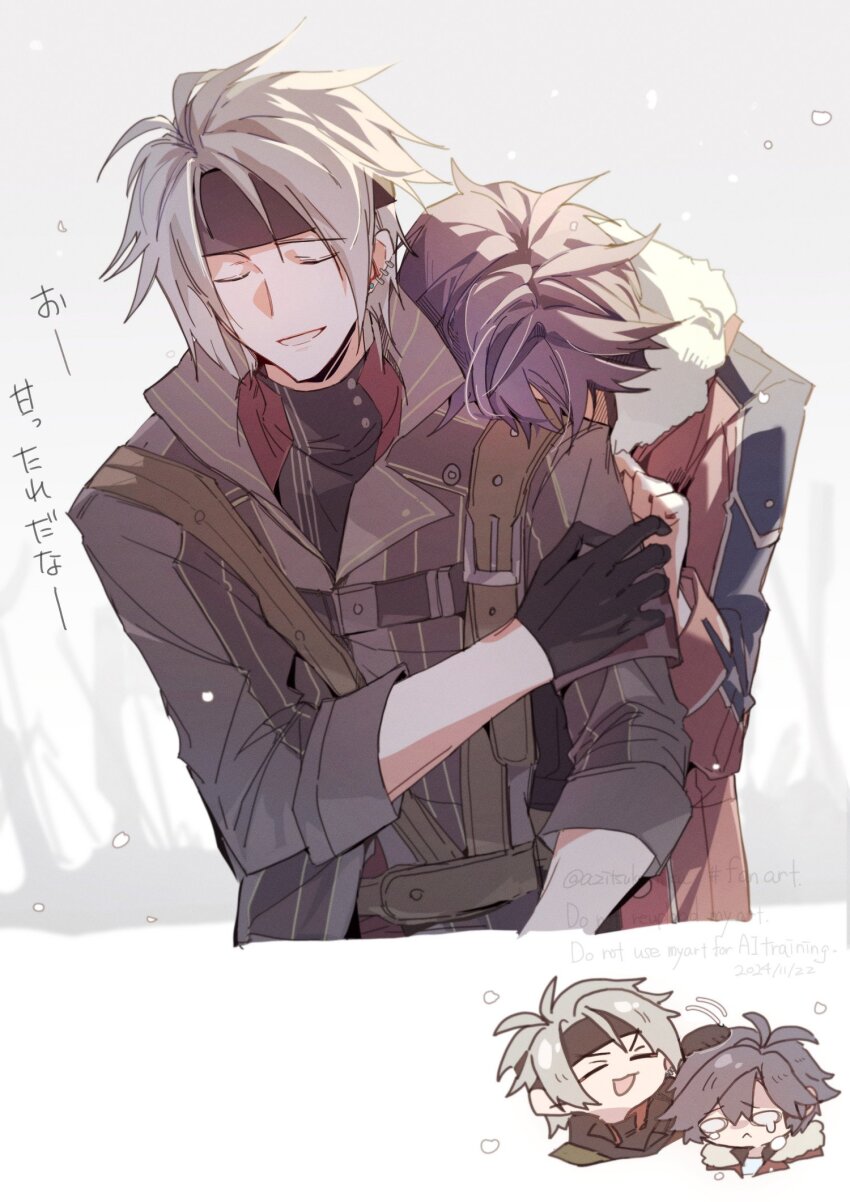 2boys ahoge azitsukeniku black_gloves black_hair closed_eyes coat crow_armbrust crying curtained_hair ear_piercing eiyuu_densetsu gloves hair_between_eyes headband headpat high_collar highres hug hug_from_behind multiple_boys open_mouth piercing rean_schwarzer sen_no_kiseki sen_no_kiseki_(series) sen_no_kiseki_ii simple_background smile white_hair