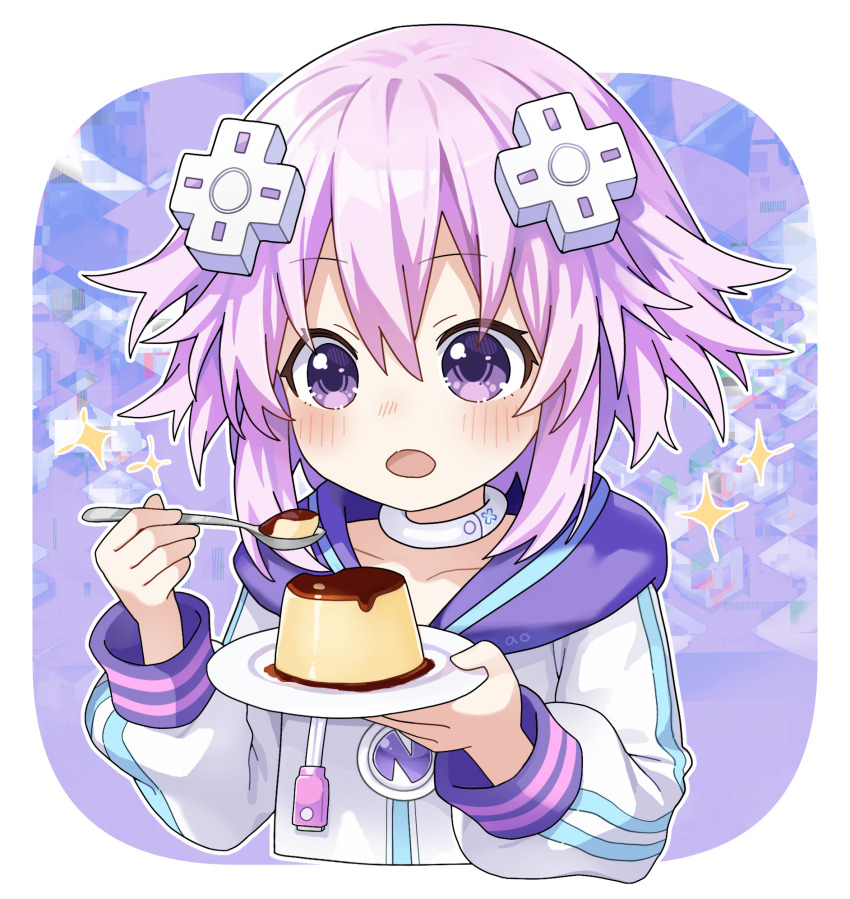 1girl aowow blush choker d-pad d-pad_hair_ornament food hair_between_eyes hair_ornament highres holding holding_spoon hood hooded_track_jacket hoodie jacket jewelry long_sleeves neck_ring neptune_(neptunia) neptune_(series) open_mouth pudding purple_eyes purple_hair short_hair solo spoon track_jacket usb white_choker