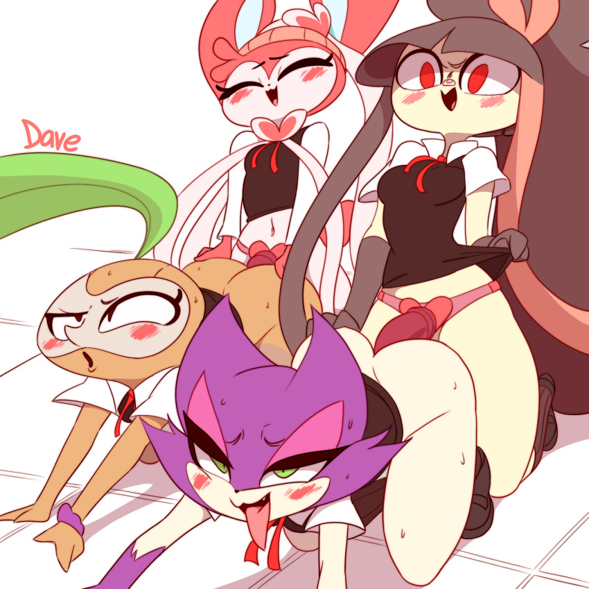 4girls :3 ahegao all_fours ass belly blush borrowed_character bottomless breasts closed_eyes dildo furry gen_3_pokemon gen_5_pokemon gen_6_pokemon green_eyes highres leaf mawile mrploxykun multiple_girls navel nintendo nuzleaf open_mouth parody pokemon pokemon_(creature) purrloin red_eyes sex_toy shirt simple_background smile stomach strap-on style_parody sylveon tongue tongue_out white_background yuri