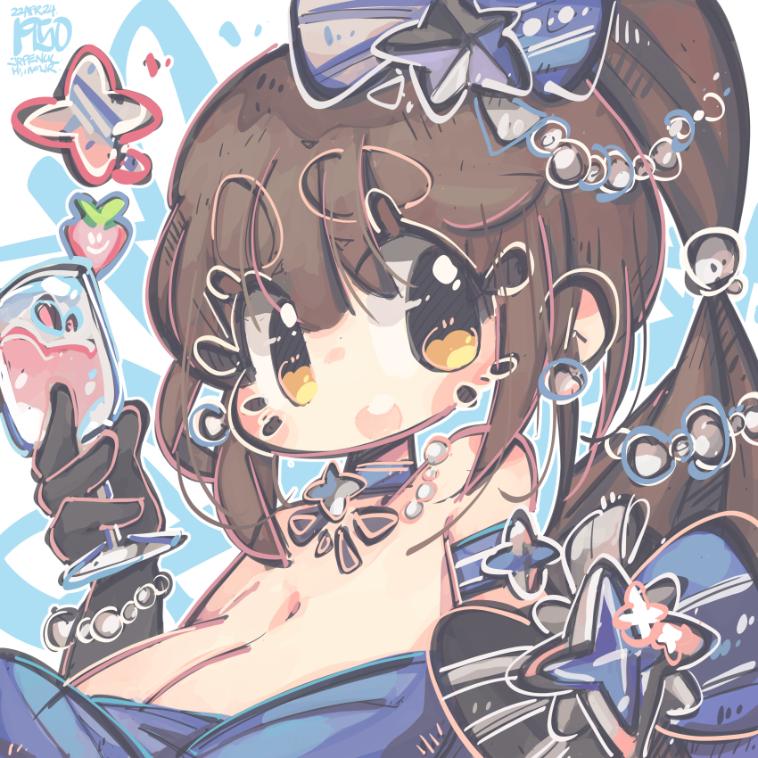1girl absurdres arm_strap blue_bow blue_choker bow breasts brown_eyes choker cleavage cup diesel_(midnight_strawberry)_(nikke) diesel_(nikke) food fruit goddess_of_victory:_nikke hair_behind_ear hair_ornament highres holding holding_cup jrpencil large_breasts long_hair looking_at_viewer open_mouth ponytail smile solo star_(symbol) star_hair_ornament strawberry thick_eyebrows