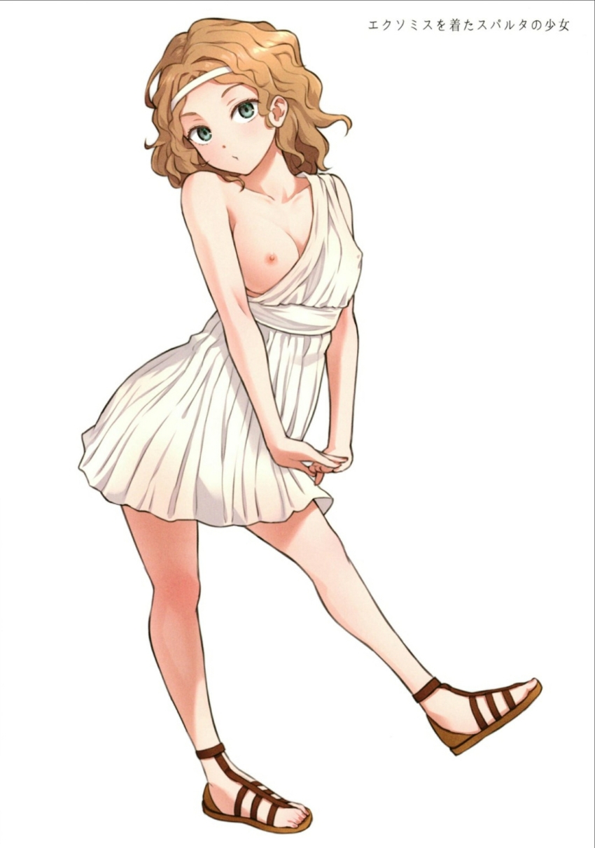 1girl absurdres ancient_greek_clothes blonde_hair blue_eyes blush breasts brown_sandals dress greco-roman_clothes headband highres kanden_sky leg_up medium_breasts nipples one_breast_out original own_hands_together peplos sandals simple_background small_nipples spartan white_background white_dress