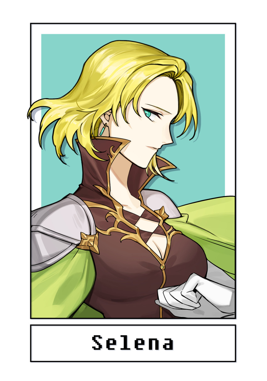 1girl armor blonde_hair breasts cape character_name cleavage earrings fire_emblem fire_emblem:_the_sacred_stones gloves green_cape green_eyes highres jewelry large_breasts looking_at_viewer nintendo pauldrons profile selena_(fire_emblem:_the_sacred_stones) short_hair shoulder_armor silvercandy_gum solo upper_body white_gloves