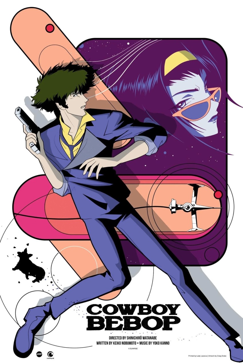 1girl cowboy_bebop craigdrake ein_(cowboy_bebop) faye_valentine formal_clothes gun hairband highres holding holding_gun holding_weapon lips necktie spike_spiegel spiked_hair standing sunglasses swordfish_ii weapon welsh_corgi yellow_hairband