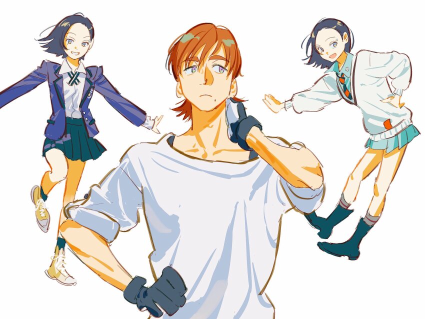 1boy 1girl amate_yuzuriha amate_yuzuriha_(cosplay) black_hair blue_eyes brown_hair collared_shirt comoli_harcourt cosplay gloves green_eyes gundam gundam_gquuuuuux highres jacket long_sleeves mole mole_under_eye mole_under_mouth multiple_views necktie nyaan_(gundam_gquuuuuux) nyaan_(gundam_gquuuuuux)_(cosplay) open_mouth purple_eyes school_uniform shirt shoes shuji_ito shuji_ito_(cosplay) skirt smile sweater tkrkve43 xavier_olivette