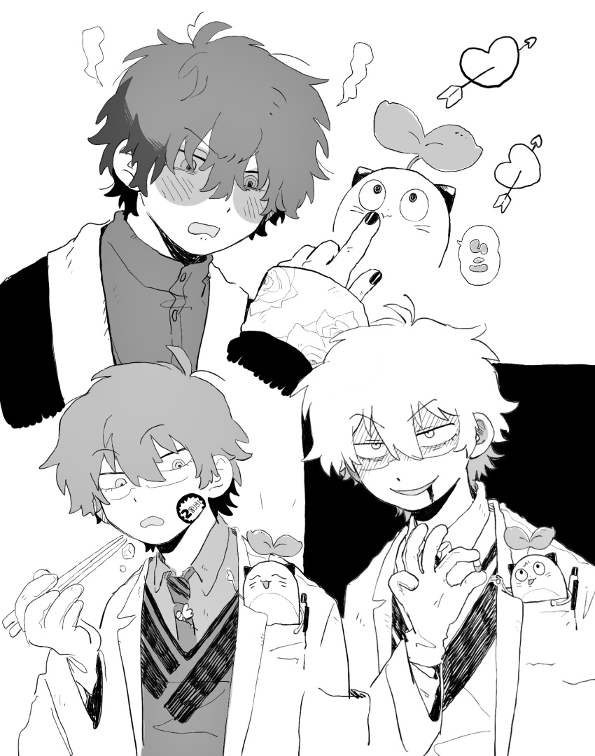 1boy achichikairo arrow_through_heart bad_id bad_twitter_id blush chopsticks glasses greyscale hair_between_eyes hand_up highres inactive_account lab_coat leaf leos_vincent long_sleeves looking_at_viewer looking_down male_focus mameneko_(leos_vincent) monochrome multiple_views nijisanji open_mouth poking price_tag shirt short_hair smile upper_body virtual_youtuber white_background