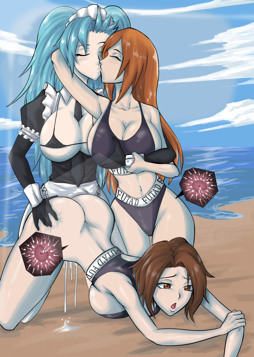 1futa 2girls :o aima_zero akeno(itsnafulol) arm_around_shoulder ass beach bikini bikini_top_only black_gloves bleach blue_hair blue_sky bottomless breasts brown_eyes brown_hair cheating_(relationship) cleavage closed_eyes clothes_writing cloud cum cum_in_pussy cum_overflow curvy eyelashes fertilization from_behind futanari gloves grabbing_another&#039;s_ass grabbing_another&#039;s_breast groping group_sex hair_between_eyes hair_over_one_eye highres huge_ass impregnation inoue_orihime kiss kurosaki_masaki large_breasts light_blush long_hair maid maid_bikini maid_headdress multiple_girls navel netorare ocean open_mouth orange_hair outdoors ovum sex sex_from_behind short_hair sideboob sky sperm_cell sports_bikini sports_bra sportswear swimsuit threesome top-down_bottom-up twintails unconventional_maid wide_hips