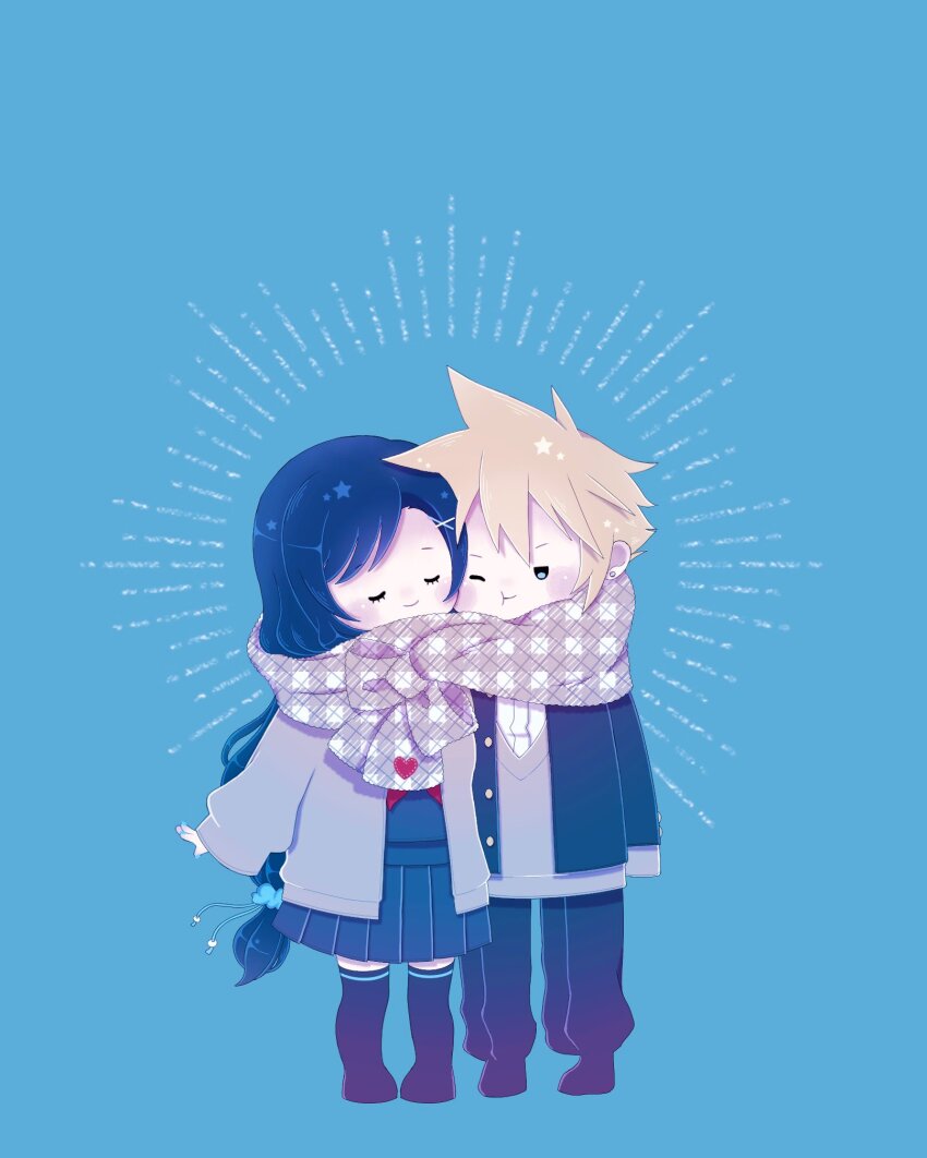 1boy 1girl black_hair black_jacket black_pants black_thighhighs blonde_hair blue_background blue_eyes blue_scrunchie blue_serafuku blue_skirt blush cardigan closed_eyes closed_mouth cloud_strife cloud_strife_(midgard_seventh_high_school) commentary_request couple final_fantasy final_fantasy_vii final_fantasy_vii_ever_crisis full_body gakuran grey_cardigan hair_ornament hair_scrunchie hairclip heads_together heart highres jacket long_hair long_sleeves low-tied_long_hair lumi_1000 neckerchief official_alternate_costume one_eye_closed open_cardigan open_clothes pants pleated_skirt red_neckerchief scarf school_uniform scrunchie serafuku shared_clothes shared_scarf shirt skirt sleeves_past_wrists smile spiked_hair standing thighhighs tifa_lockhart tifa_lockhart_(midgard_seventh_high_school) white_shirt