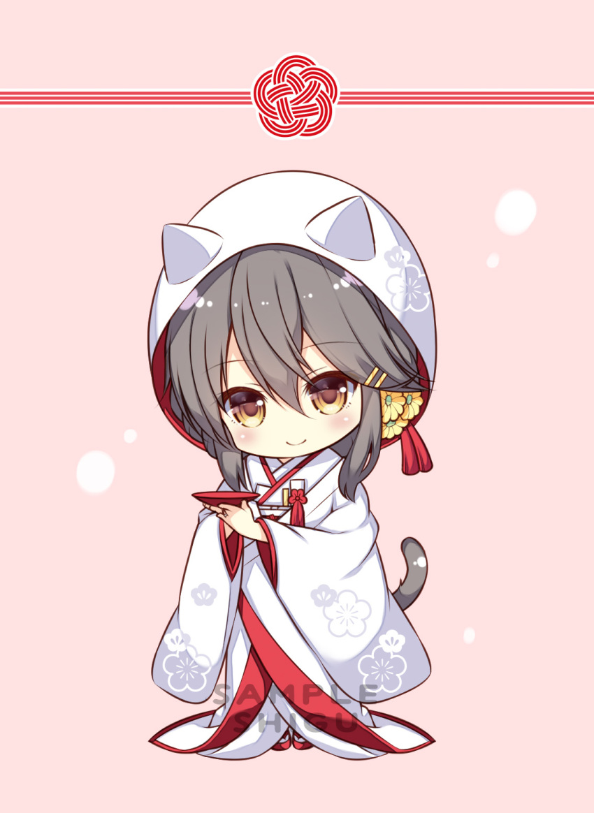 1girl animal_ears black_hair brown_eyes cat_ears cat_tail chibi closed_mouth commentary_request cup fake_animal_ears flower full_body hair_between_eyes hair_flower hair_ornament hairclip haruna_(kancolle) highres holding japanese_clothes kantai_collection kemonomimi_mode kimono long_sleeves looking_at_viewer pink_background red_sandals sakazuki sample_watermark sandals shigunyan shiromuku smile solo standing tail uchikake watermark white_kimono wide_sleeves yellow_flower zouri