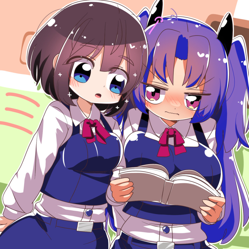 2girls blue_eyes blue_skirt blue_vest blush book bow bowtie breasts brown_hair collared_shirt commentary_request cowboy_shot highres holding holding_book inori_(eakatsu) large_breasts lets0020 long_hair long_sleeves looking_at_another looking_to_the_side medium_breasts multiple_girls mumei_eshi_kara_no_e_aka_katsudouki nike_(eakatsu) open_book open_mouth parted_bangs purple_eyes purple_hair red_bow red_bowtie shirt short_hair skirt skirt_set smile v-shaped_eyebrows vest wavy_mouth white_shirt