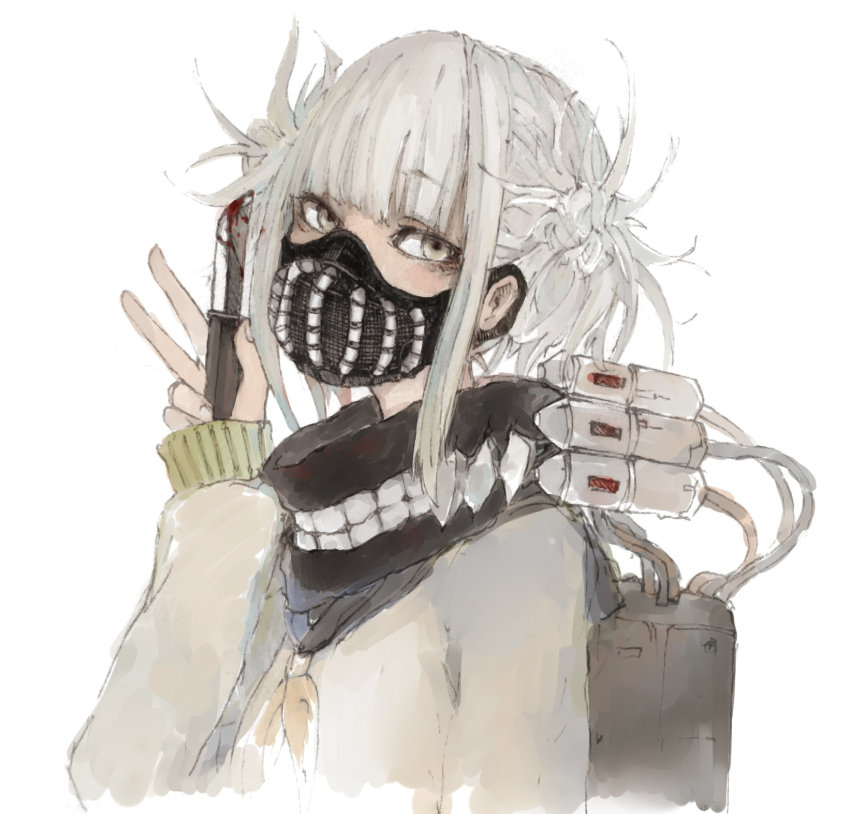 10s 132_(bb32768) 1girl bad_id bad_pixiv_id bags_under_eyes blonde_hair blood bloody_weapon blunt_bangs boku_no_hero_academia cardigan double_bun female_focus hair_bun highres holding holding_knife holding_weapon knife long_sleeves looking_at_viewer looking_to_the_side mask messy_hair mouth_mask ninja_mask school_uniform serafuku sidelocks simple_background solo toga_himiko upper_body weapon white_background yellow_eyes