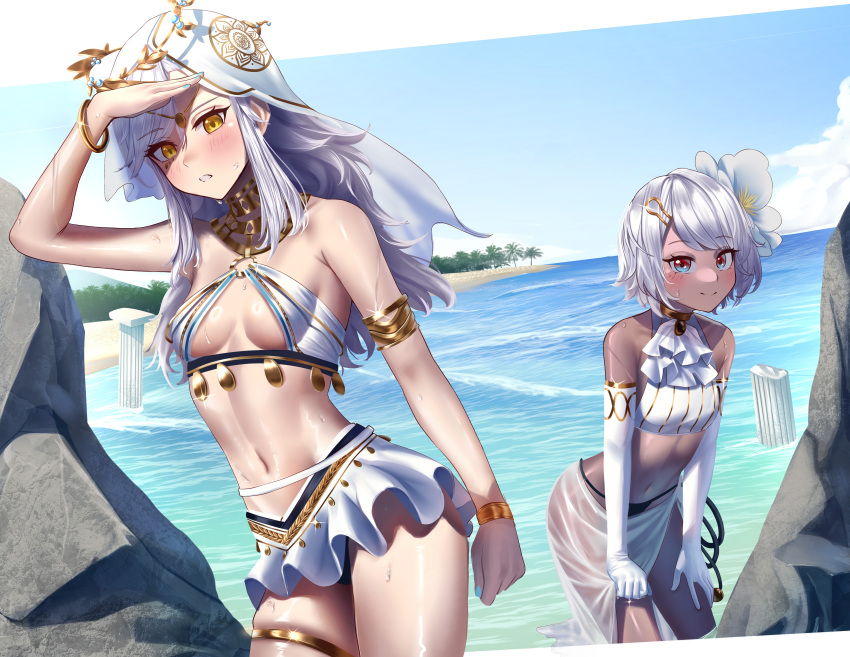 absurdres beach blush bracelet carleen_(alchemy_stars) cosplay costume_switch dark-skinned_female dark_skin gloves gold_bracelet highres jewelry manjo_(warito) navel necklace ocean sophia_(pgr) sweat swimsuit white_gloves