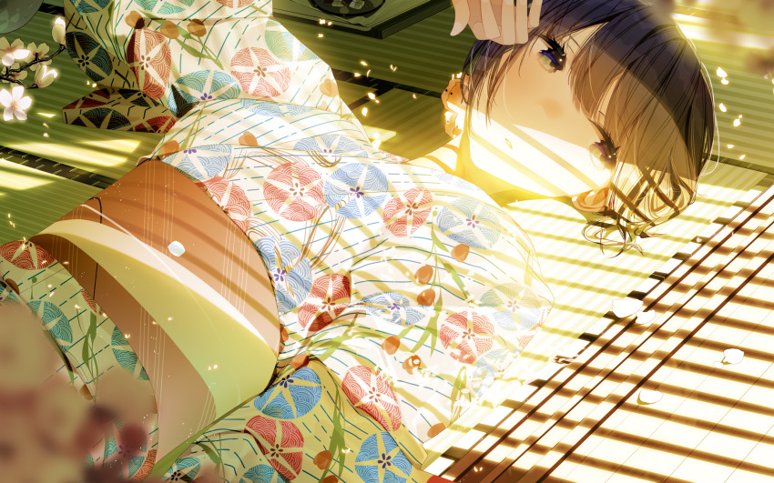 1girl atha_(leejuiping) brown_hair commentary_request day double-parted_bangs expressionless flower grey_eyes hand_up highres indoors japanese_clothes kimono light_particles lying obi on_back on_floor original parted_lips print_kimono sash short_hair solo striped_clothes striped_kimono sunlight tatami turning_head upper_body vertical-striped_clothes vertical-striped_kimono white_flower window_shadow yukata