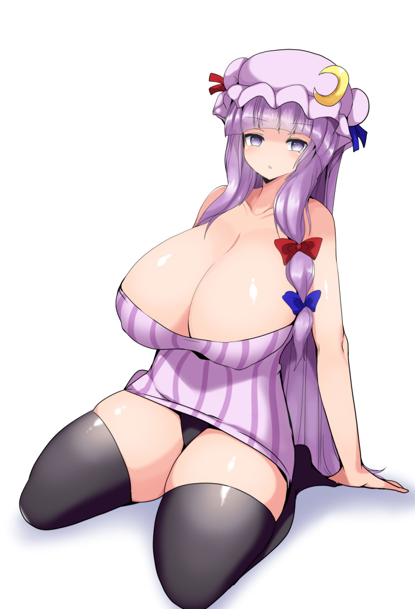1girl adapted_costume black_panties black_thighhighs bow breasts cleavage crescent dress hat highres huge_breasts long_hair looking_at_viewer mob_cap panties patchouli_knowledge plump purple_eyes purple_hair simple_background sitting solo taku_(yakumodaisuki) thick_thighs thighhighs thighs touhou underwear white_background