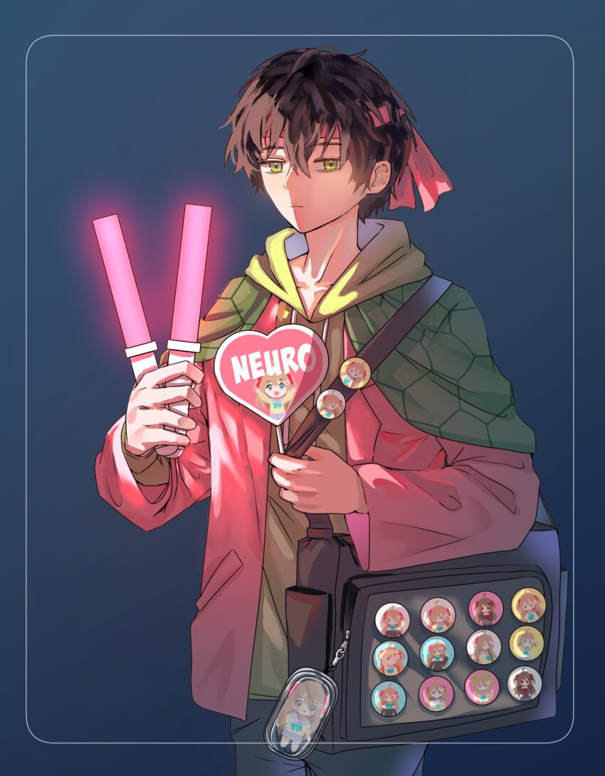 1boy bag bandana black_hair buttons closed_mouth denim eananaia glowstick green_eyes green_hoodie hachimaki hair_between_eyes hashtag-only_commentary headband highres holding holding_glowstick hood hoodie jacket jeans looking_at_viewer male_focus neuro-sama pants pink_headband pink_jacket short_hair shoulder_bag solo vedal987 vedal_ai virtual_youtuber