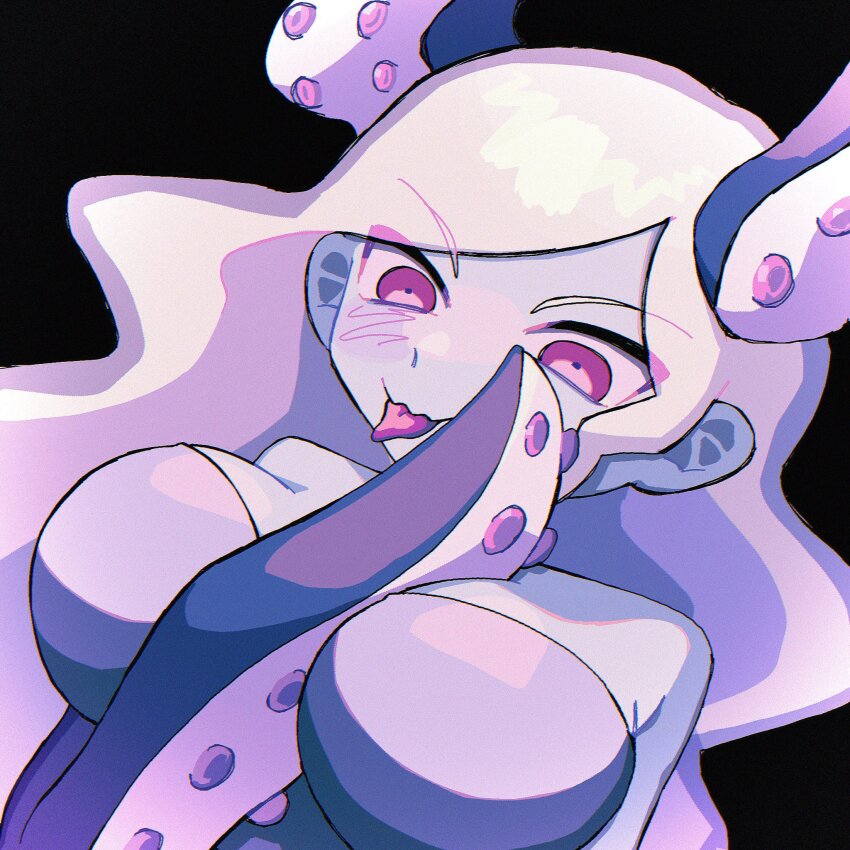 1girl bare_shoulders blue_skin breasts cleavage close-up closed_mouth colored_skin highres large_breasts looking_at_viewer molly_(omori) omori pink_eyes tentacle_between_breasts tentacle_hair tongue tongue_out upper_body white_hair yksm_oe