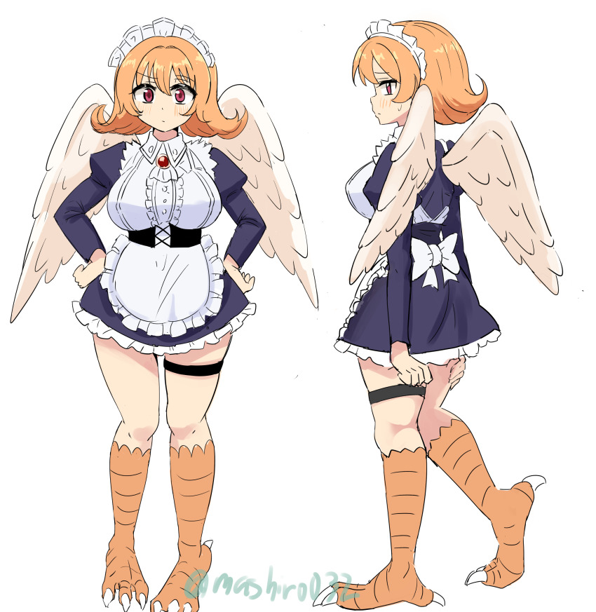 1girl black_dress blush breasts collared_dress commentary_request dirndl dress ereka feathered_wings flipped_hair frilled_dress frills german_clothes half-harpy hand_on_own_thigh hands_on_own_hips highres ishuzoku_reviewers juliet_sleeves large_breasts long_sleeves maid_headdress meidri monster_girl multiple_views orange_hair puffy_sleeves red_eyes short_dress short_hair skindentation standing sweatdrop thigh_strap wings