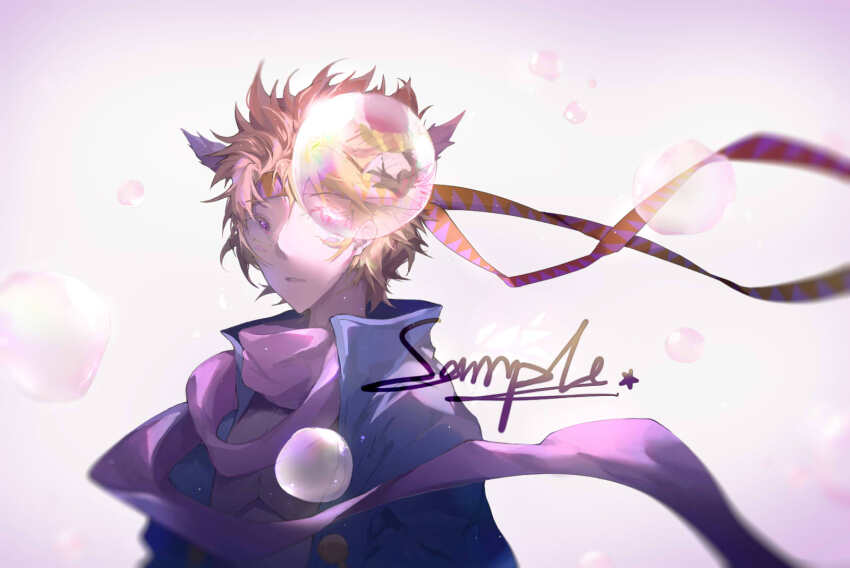 1boy animal_ears bare_pectorals blonde_hair blue_jacket bubble character_request collared_jacket colored_eyelashes dinned expressionless floating_neckwear headband high_collar highres jacket jojo_no_kimyou_na_bouken light_particles looking_at_viewer male_focus messy_hair open_clothes open_jacket orange_headband parted_lips pectorals pink_headband pink_scarf purple_eyes scarf short_hair solo triangle_print two-tone_headband upper_body white_background