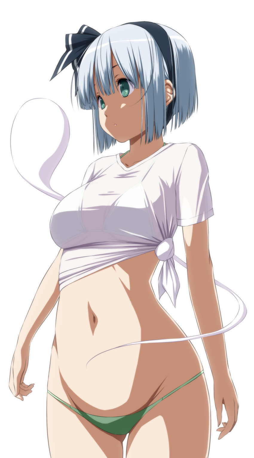 1girl absurdres bikini bikini_top_under_shirt bikini_under_clothes black_hairband breasts green_bikini green_eyes grey_hair hairband highres konpaku_youmu konpaku_youmu_(ghost) medium_breasts nori_tamago shirt short_hair simple_background solo swimsuit touhou white_background white_shirt