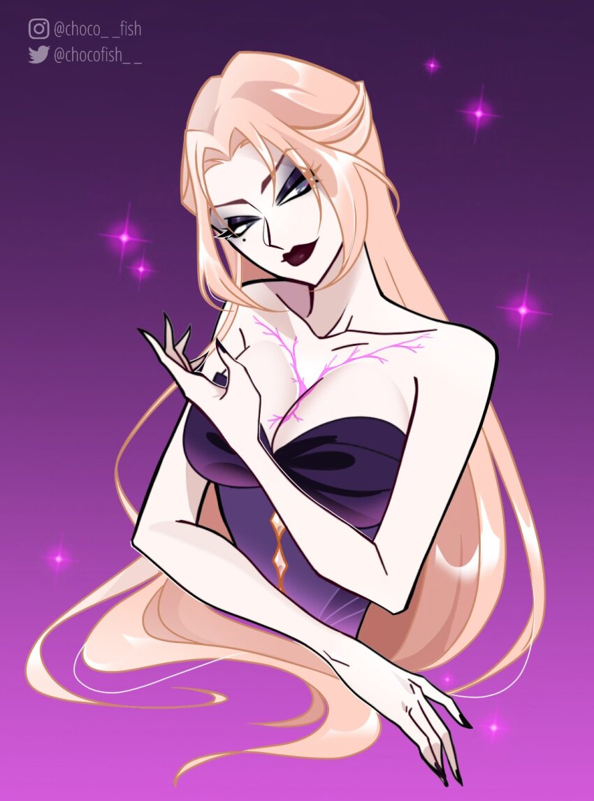 1girl bad_id bad_twitter_id bare_arms bare_shoulders black_eyeliner black_nails blonde_hair breasts buttons chest_tattoo chocofish closed_mouth collarbone commentary cropped_torso diamond_button dress english_commentary eyelashes eyeliner eyes_visible_through_hair eyeshadow fingernails genderswap genderswap_(mtf) gradient_background grey_eyes half-closed_eyes head_tilt highres instagram_username large_breasts lipstick long_hair makeup mole mole_under_eye nail_polish pale_skin parted_bangs purple_background purple_dress purple_eyeshadow red_lips sharp_fingernails simple_background smirk solo sparkle strapless strapless_dress tattoo twitter_username valtor_(winx_club) very_long_hair watermark winx_club