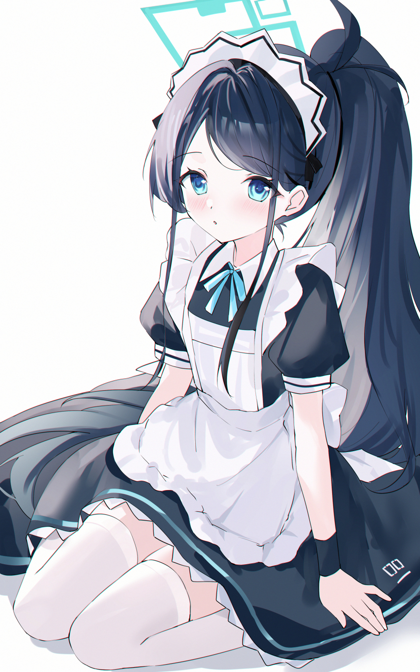 1girl absurdres apron aqua_halo aris_(blue_archive) aris_(maid)_(blue_archive) black_dress black_hair blue_archive blue_eyes commentary dress halo highres long_hair looking_at_viewer maid maid_apron maid_headdress official_alternate_costume official_alternate_hairstyle parted_lips ponytail short_sleeves simple_background sitting solo thighhighs usagi_(786113654) very_long_hair wariza white_background white_thighhighs wrist_cuffs