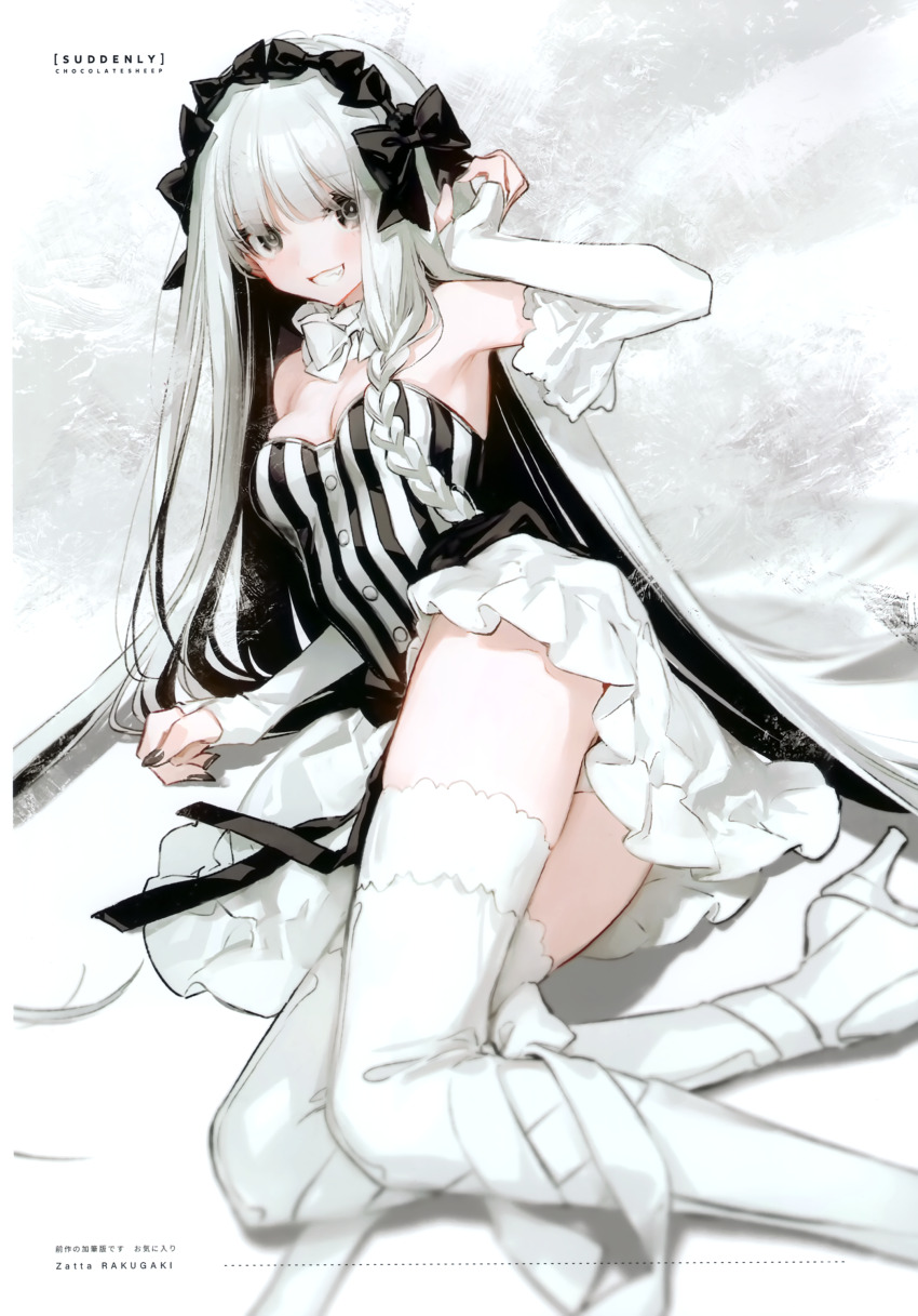 1girl absurdres bare_shoulders black_nails blush boots braid breasts chocoan comiket_103 dress elbow_gloves fate/strange_fake fate_(series) fingerless_gloves francesca_prelati_(fate) gloves grey_eyes hairband hand_up high_heel_boots high_heels highres long_hair looking_at_viewer lying on_side panties pantyshot scan sidelocks skirt smile solo striped_clothes striped_dress thigh_boots underwear white_gloves white_hair white_panties white_skirt