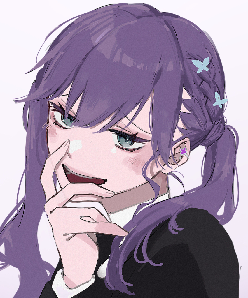 1girl black_jacket blush braid butterfly_hair_ornament commentary_request ear_piercing fingernails fukufukuza9 gakuen_idolmaster gokugetsu_academy_school_uniform hair_ornament highres idolmaster jacket kaya_rinha long_hair long_sleeves looking_at_viewer piercing purple_hair school_uniform simple_background smile solo twintails upper_body white_background