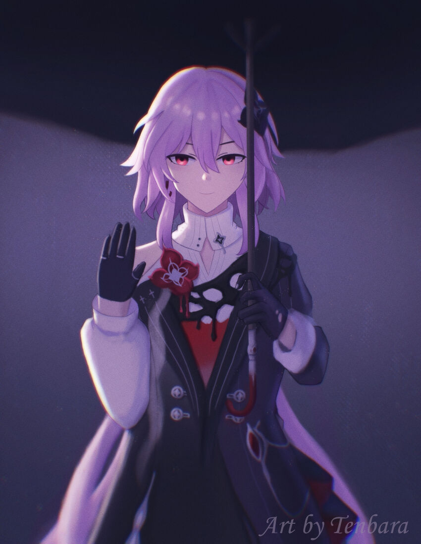 1girl absurdres black_dress black_flower black_gloves breasts dress earrings evernight_(honkai:_star_rail) flower gloves hair_between_eyes hair_flower hair_ornament hairclip highres honkai:_star_rail honkai_(series) jewelry long_hair long_sleeves looking_at_viewer march_7th_(honkai:_star_rail) pink_hair red_eyes shirt smile solo user_zncv2285