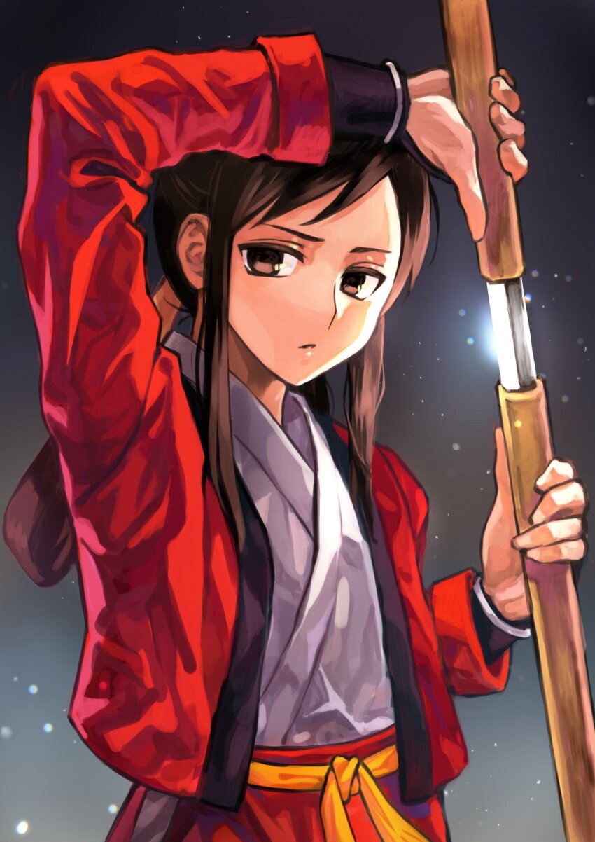 1girl bakumatsu_rouman brown_eyes brown_hair expressionless hakama highres japanese_clothes katana looking_at_viewer otsudou red_hakama sheath solo split_ponytail sword takane_hibiki unsheathing upper_body weapon