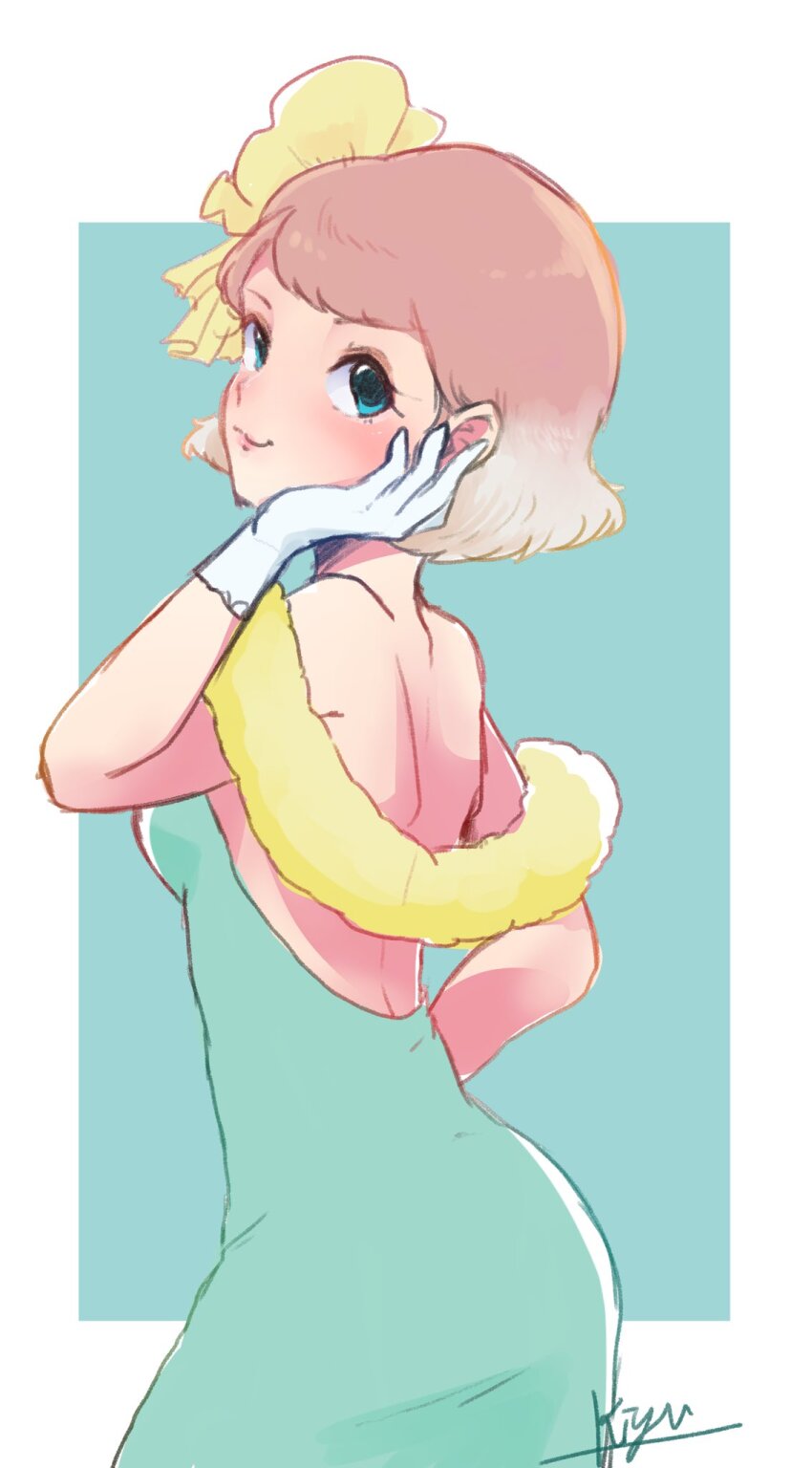 1girl animification ashitaka_kiyu blue_eyes brown_hair clarice_(disney) dress eyelashes flower hair_flower hair_ornament highres humanization looking_at_viewer mickey_mouse_&amp;_friends personification short_hair smile solo upper_body