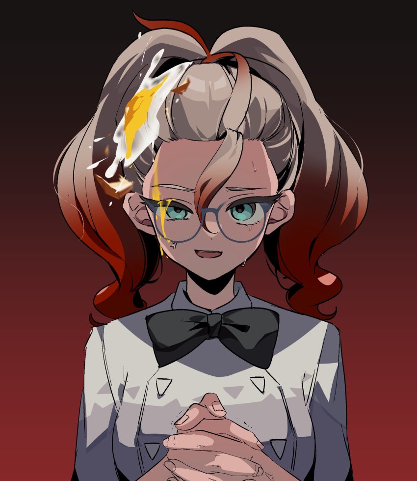 1girl anger_vein aqua_eyes black_bow black_bowtie blonde_hair bow bowtie cowlick ebi_(shrimp_eleven) egg_(food) food food_on_face food_on_head glasses gradient_hair grey-framed_eyewear griselle_(pokemon) hair_pulled_back half-closed_eye highres looking_at_viewer multicolored_hair nintendo object_on_head orange_hair own_hands_clasped own_hands_together pokemon pokemon_legends:_z-a portrait smirk solo split_ponytail sweat trembling