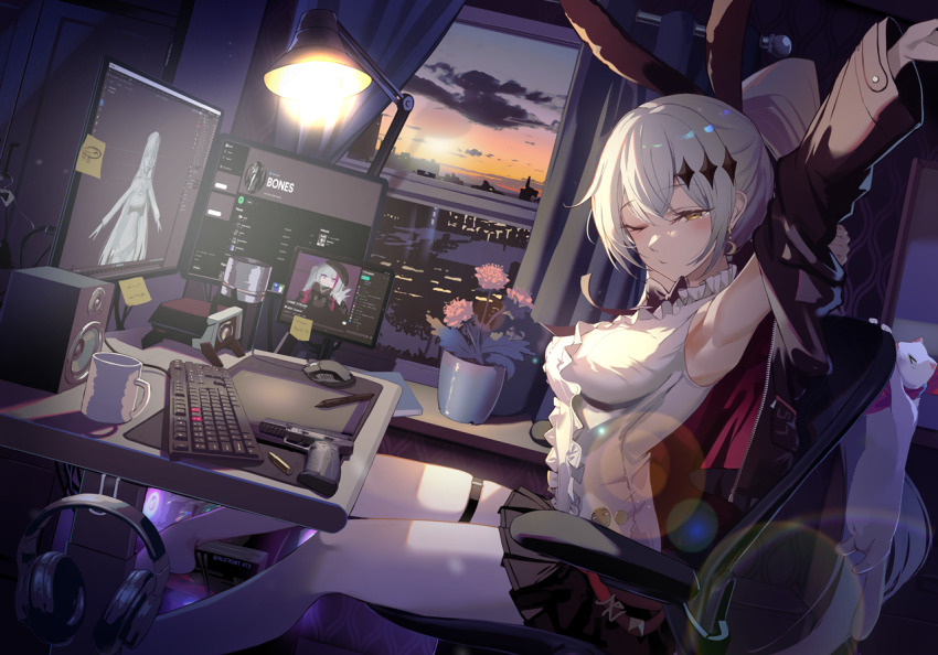 1girl armpits black_bow black_bowtie bow bowtie breasts brown_eyes chair commission commissioner_upload computer dinergate_(girls&#039;_frontline) earrings ferret five-seven_(girls&#039;_frontline) flower flower_pot fn_five-seven frills from_side g3_(girls&#039;_frontline) girls&#039;_frontline gun hair_ornament handgun headphones huaji jewelry computer_keyboard lamp long_hair mdr_(girls&#039;_frontline) medium_breasts miniskirt computer_mouse niac one_eye_closed pdw-caliber_pistol pleated_skirt ponytail ribbon shirt sitting skirt sleeveless sleeveless_shirt solo spotify stretching sunset thigh_strap thighs weapon white_hair