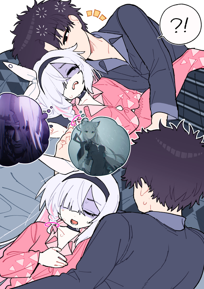 !? 1boy 1girl absurdres alternate_costume black_choker black_hair black_hairband black_pajamas blue_archive choker commentary_request dreaming grey_hair hairband highres je_o_mo looking_at_another lying multicolored_hair multiple_views nightmare notice_lines official_art_inset on_back on_side pajamas phrenapates_(blue_archive) pink_hair pink_pajamas plana_(blue_archive) sensei_(blue_archive) sensei_(blue_archive_the_animation) shiroko_(blue_archive) shiroko_terror_(blue_archive) sleeping spoken_interrobang squeans sweat two-tone_hair