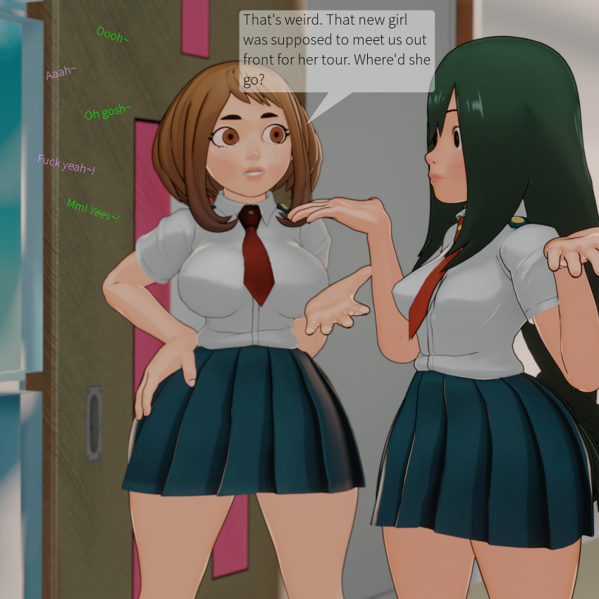 2girls ashido_mina boku_no_hero_academia breasts cosmo_(sonic) desk highres legoguy9875 medium_breasts miniskirt multiple_girls on_desk school_uniform sitting skirt u.a._school_uniform