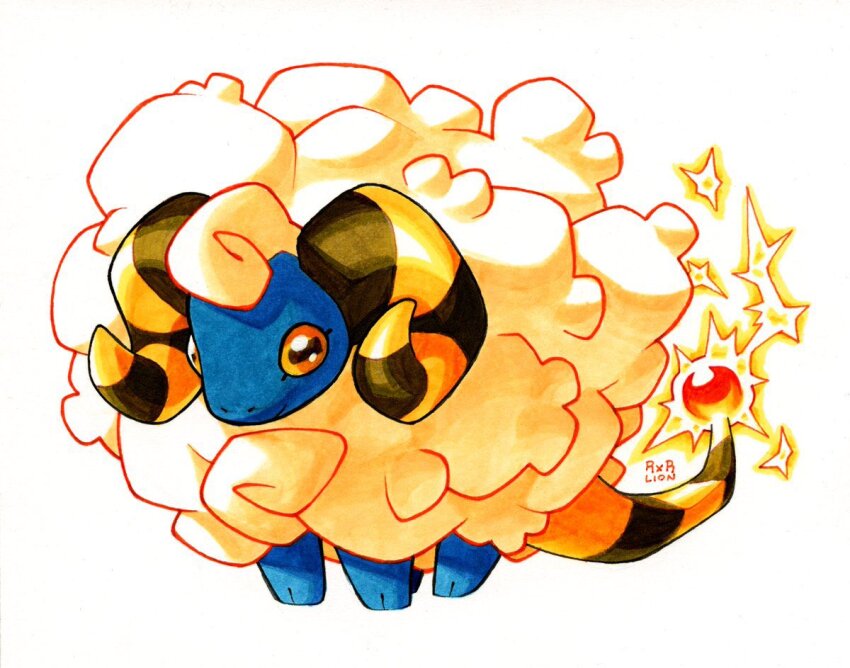 animal_focus blue_skin closed_mouth colored_skin commentary electricity english_commentary gen_2_pokemon horizontal_pupils horns mareep nintendo no_humans pokemon pokemon_(creature) railroadlion simple_background tail white_background wool yellow_eyes