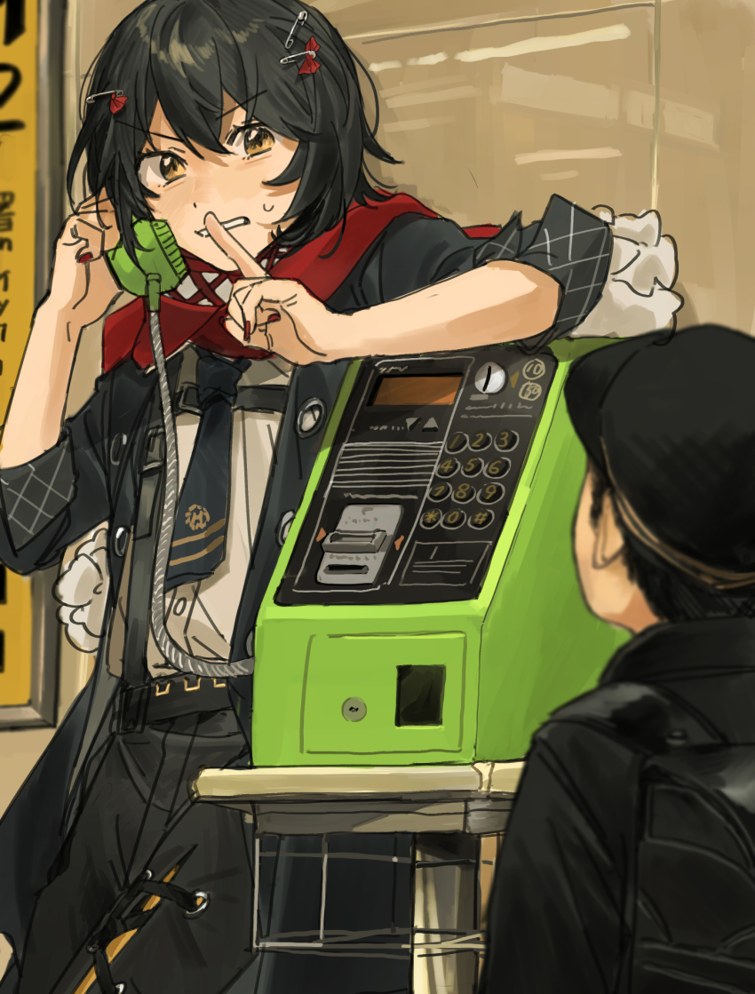 2boys backpack bag black_hair black_jacket black_necktie black_pants child dress_shirt finger_to_mouth frown gakuseibou hands_up hat highres holding holding_phone index_finger_raised jacket koinko_(hunjinwashow) looking_at_another male_focus mashiro_meme mashiro_meme_(1st_costume) multiple_boys necktie nijisanji open_clothes open_jacket outdoors pants parted_lips payphone phone randoseru red_nails red_scarf safety_pin safety_pin_hair_ornament scarf shirt shirt_tucked_in short_hair shushing small_sweatdrop v-shaped_eyebrows very_short_hair virtual_youtuber white_shirt yellow_eyes