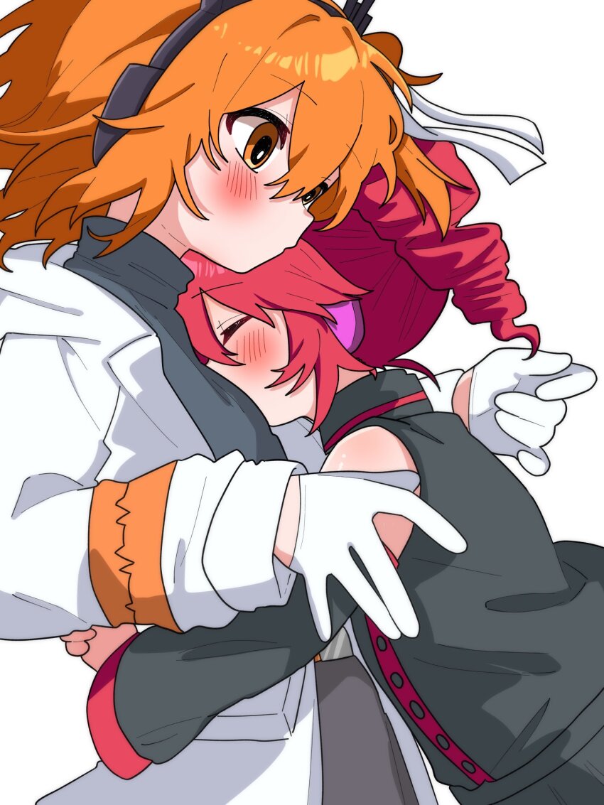 2girls a.i._voice adachi_rei black_shirt blush closed_eyes detached_sleeves drill_hair from_side gloves haru_maron highres hug jacket kasane_teto kasane_teto_(utau) long_sleeves medium_hair multiple_girls open_clothes open_jacket orange_eyes orange_hair red_hair shirt sleeveless sleeveless_shirt turtleneck twin_drills upper_body utau white_gloves white_jacket yuri