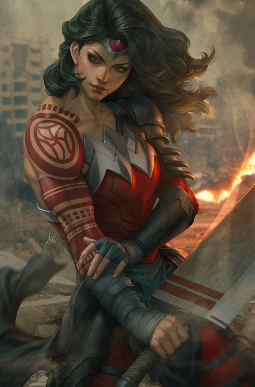 1girl absolute_wonder_woman arm_tattoo black_hair blue_eyes building circlet comic_cover dc_comics fire highres holding holding_sword holding_weapon long_hair looking_to_the_side official_art red_tattoo rubble solo stanley_lau sword tattoo textless_version weapon wonder_woman wonder_woman_(series)