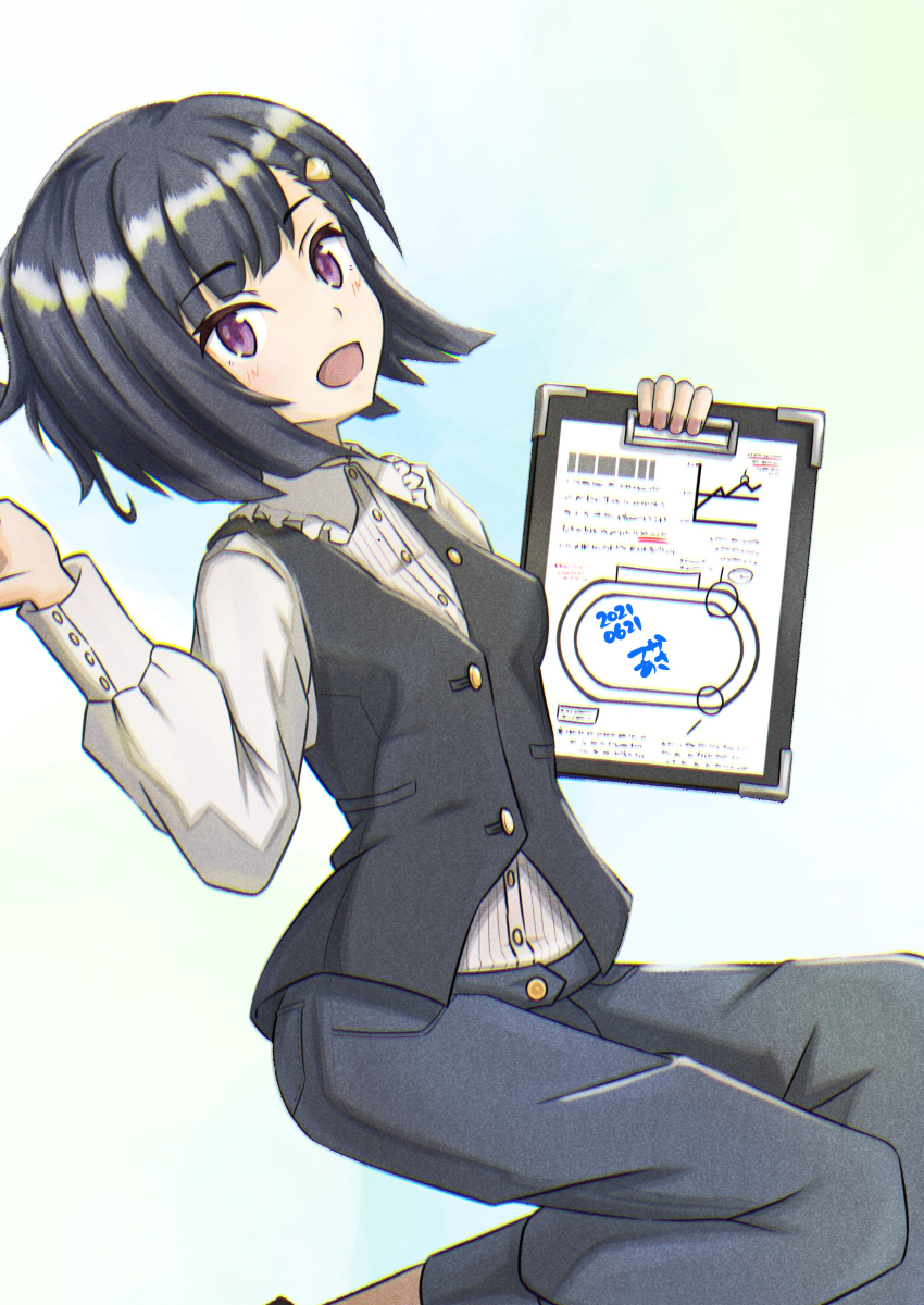 1girl absurdres asymmetrical_bangs black_hair black_vest blue_pants breasts buttons clipboard dated hair_ornament highres holding holding_clipboard kiryuuin_aoi light_blush long_sleeves looking_at_viewer open_mouth pants purple_eyes shirt short_hair simple_background solo tsukaasa umamusume vest white_shirt wing_collar