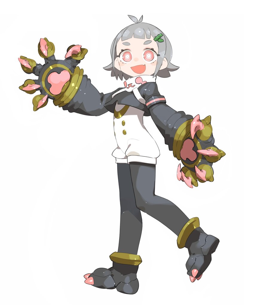 1girl :d absurdres bamboo_hair_ornament bear_claws black_leggings bright_pupils cheri_zao claws cropped_jacket fang full_body grey_hair highres leggings open_mouth original paw_shoes pawpads pink_eyes ringed_eyes short_hair short_jumpsuit simple_background skin_fang smile solo standing white_background white_pupils
