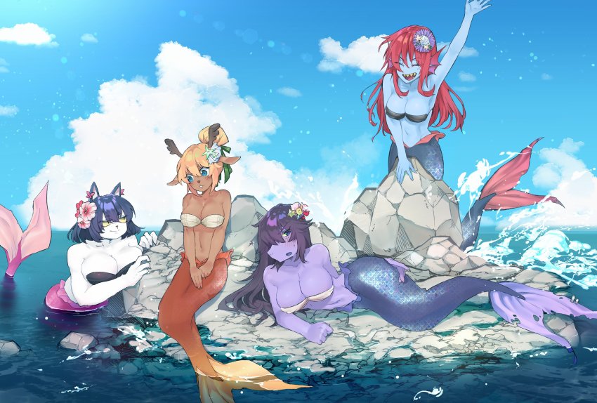 4girls absurdres animal_ears antlers blonde_hair blue_eyes blue_skin breasts cat_ears catti_(deltarune) cleavage colored_skin deltarune fins hair_ornament head_fins highres horns komugiko_(bitte_komu) large_breasts long_hair mermaid monster_girl multiple_girls noelle_holiday ocean purple_hair purple_skin red_hair rock short_hair susie_(deltarune) undertale undyne water white_skin