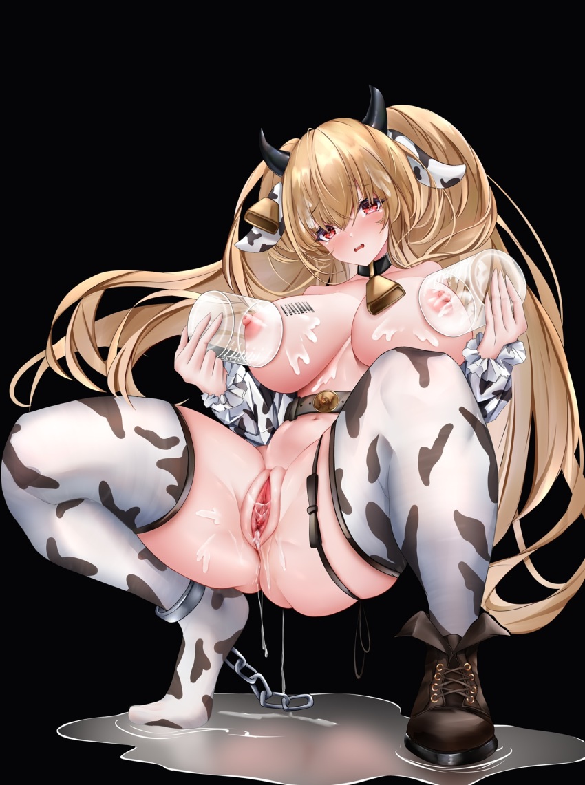 1girl animal_ears animal_print ass azur_lane barcode barcode_tattoo bell black_background black_boots blonde_hair blush boots breasts cow_ears cow_horns cow_print cow_print_thighhighs cowbell detached_sleeves fake_horns highres horns huge_breasts iue_(artist) kersaint_(a_saint&#039;s_mercy_can_do_no_wrong)_(azur_lane) kersaint_(azur_lane) lactation looking_at_viewer nipples official_alternate_costume print_thighhighs pussy red_eyes simple_background single_boot solo spread_pussy squatting tattoo thighhighs topless_female uncensored