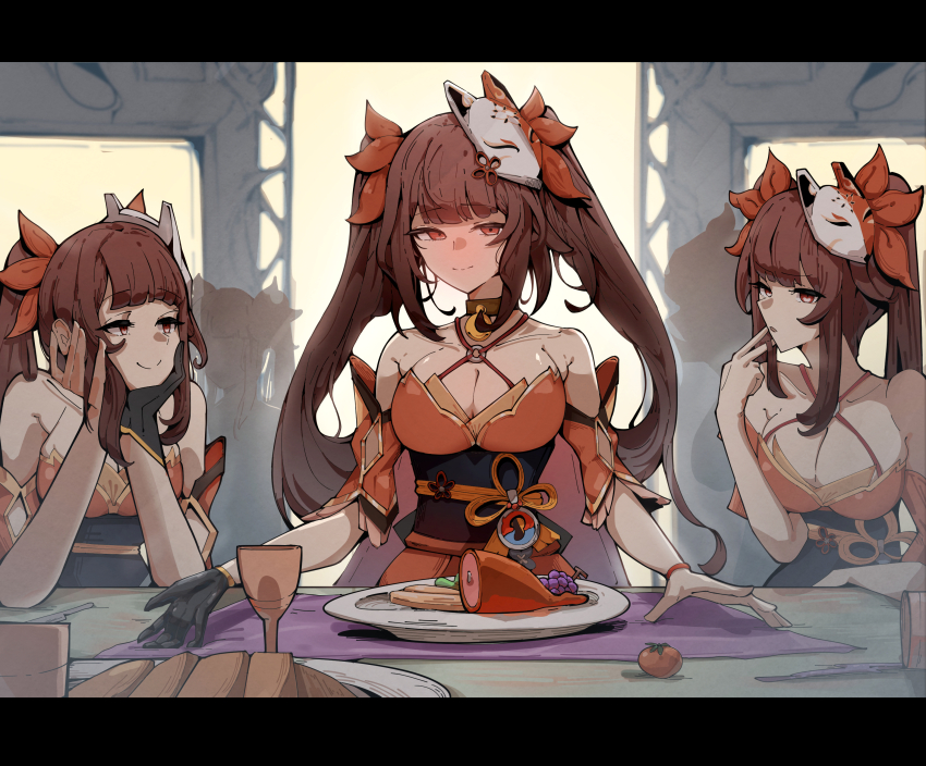 3girls :o absurdres azz0422 bell black_choker black_gloves boned_meat bow breasts brown_hair choker cleavage clone closed_mouth criss-cross_halter cup detached_sleeves dress drinking_glass fine_art_parody food fox_mask fruit gloves grapes hair_bow halterneck hands_on_own_cheeks hands_on_own_face head_rest highres honkai:_star_rail honkai_(series) large_breasts letterboxed long_hair looking_at_another looking_at_viewer mask mask_on_head meat multiple_girls neck_bell o-ring obi parody people plate red_bow red_dress red_eyes red_sleeves sash short_sleeves sidelocks silhouette single_glove sleeveless sleeveless_dress smile sparkle_(honkai:_star_rail) table the_last_supper twintails upper_body wine_glass