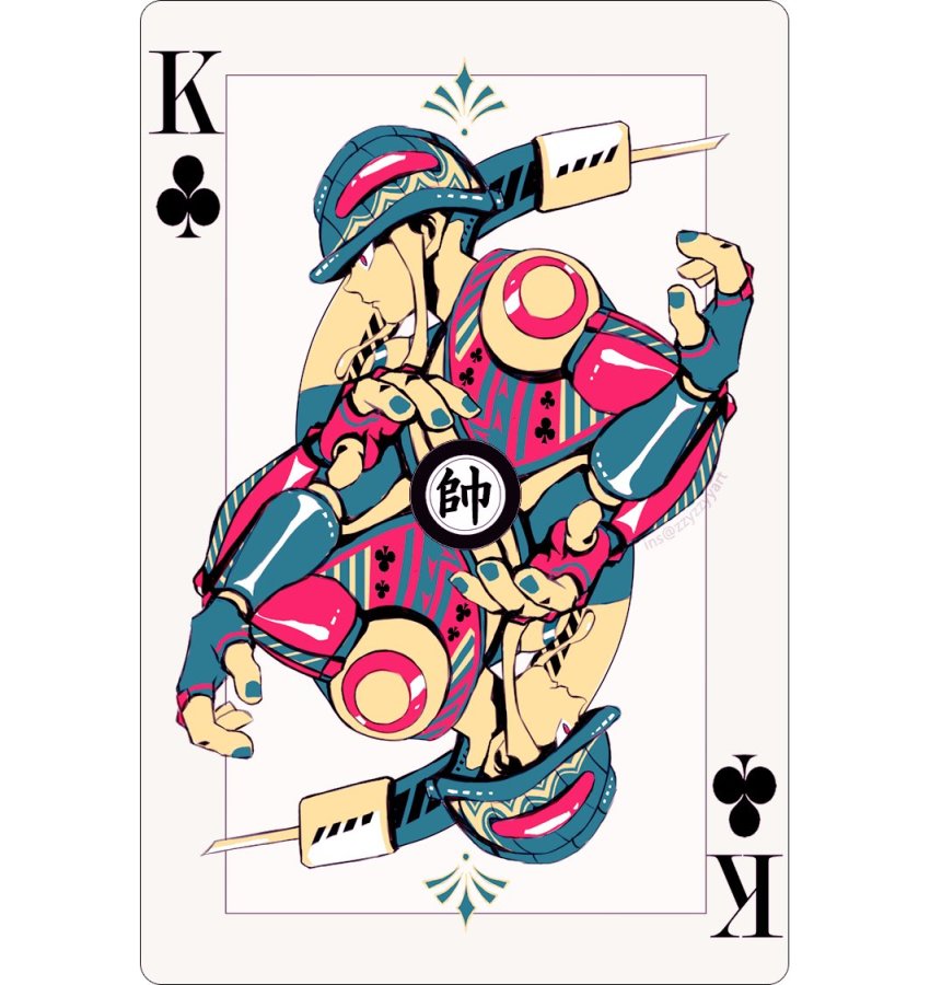 1boy card card_(medium) closed_mouth club_(shape) commentary cropped_jacket english_commentary fewer_digits green_nails hunter_x_hunter instagram_username jacket king_(playing_card) king_of_clubs looking_to_the_side male_focus meruem multicolored_jacket multiple_views nail_polish pink_eyes playing_card serious sleeveless sleeveless_jacket stinger symmetry tail watermark zzyzzyy