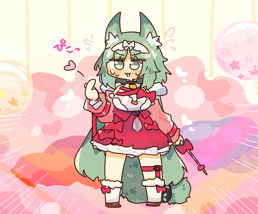 1girl :3 adapted_costume animal_ears arknights blush breasts cat_ears cat_girl cat_tail chibi commentary dress embarrassed finger_heart full_body green_eyes green_hair hairband harmonie_(arknights) highres holding holding_wand large_breasts lcron long_hair looking_at_viewer magical_girl medium_hair pink_dress pink_theme ribbon sweat tail very_long_hair wand