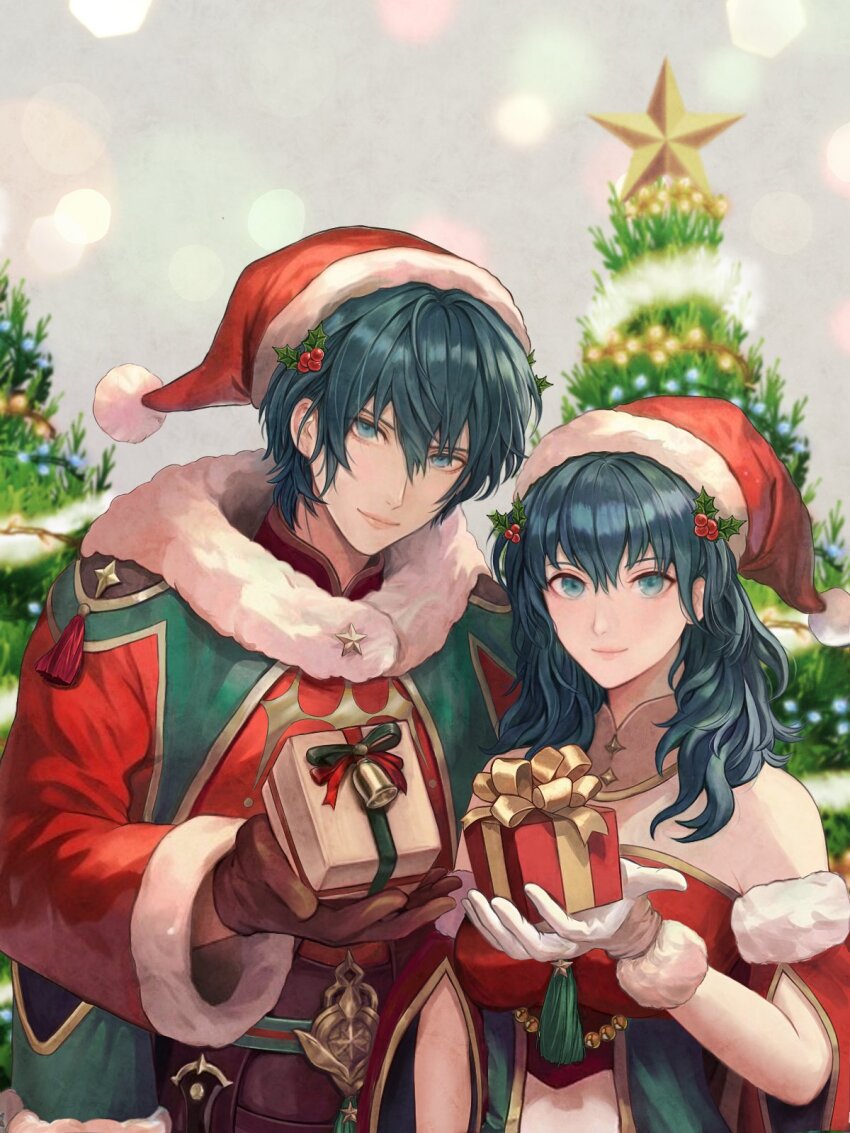 1boy 1girl arm_up bare_shoulders bell blue_eyes brown_gloves female_byleth_(fire_emblem) female_byleth_(frosty_professor)_(fire_emblem) male_byleth_(fire_emblem) male_byleth_(frosty_professor)_(fire_emblem) christmas christmas_tree coat commentary commentary_request detached_collar dual_persona english_commentary fir_tree fire_emblem fire_emblem:_three_houses fire_emblem_heroes fur-trimmed_collar fur-trimmed_gloves fur_trim gift gloves green_hair hair_between_eyes hair_ornament hat highres holding holding_gift holly_hair_ornament light_particles looking_at_viewer midriff mixed-language_commentary nintendo official_alternate_costume pom_pom_(clothes) ribbon santa_hat smile star_(symbol) tinsel tree upper_body white_fur white_gloves wrainbow13