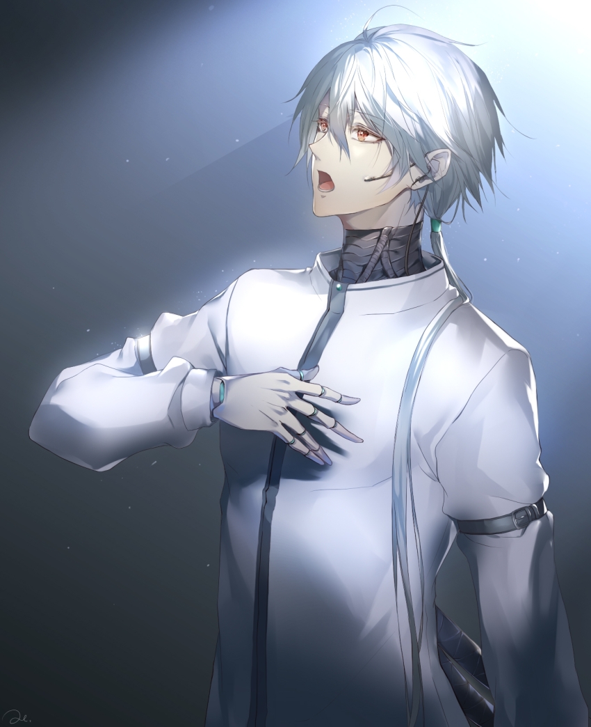 1boy bishounen brown_eyes eyelashes hair_flowing_over highres joints light_particles long_hair male_focus music musu0626 open_mouth ponytail robot_joints shirt sidelighting singing solo susanghan_messenger very_long_hair white_shirt zen_(susanghan_messenger)