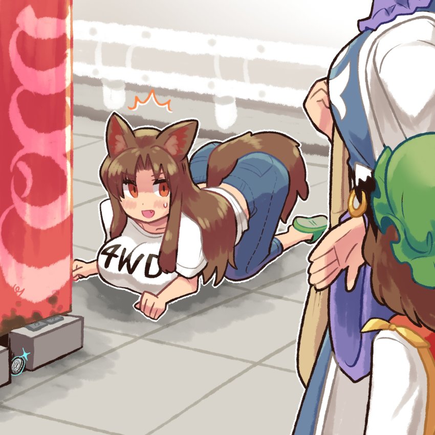 3girls all_fours alternate_costume animal_ears bag breasts brown_hair cat_ears chen coin contemporary covering_another&#039;s_eyes denim ear_piercing earrings from_behind green_footwear green_headwear guard_rail hat highres imaizumi_kagerou jeans jewelry large_breasts long_hair multiple_girls open_mouth pants piercing pmx red_eyes shirt short_hair short_sleeves t-shirt tail touhou vending_machine wolf_ears wolf_tail yakumo_ran