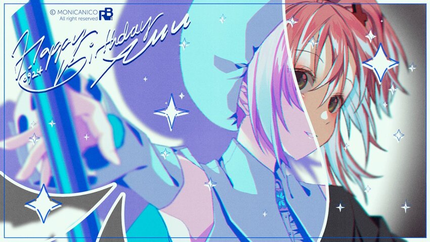 1girl amulet_spade artist_name beret black_jacket blazer blue_arm_warmers blue_bow blue_hat blue_shirt bow buttons character_name collared_shirt colored_shadow copyright_notice english_text eyelashes eyeshadow frilled_arm_warmers hair_ornament happy_birthday hat hat_bow hinamori_amu holding holding_paintbrush humpty_lock_(shugo_chara!) jacket light_blush looking_at_viewer magical_girl makeup monicanc one_side_up outstretched_arm paintbrush parted_lips pink_eyeshadow pink_hair revealing_layer school_uniform seiyo_academy_school_uniform shadow shirt short_hair shugo_chara! sleeveless sleeveless_shirt smile solo spade_(shape) sparkle teeth upper_body vignetting white_background x_hair_ornament yellow_eyes