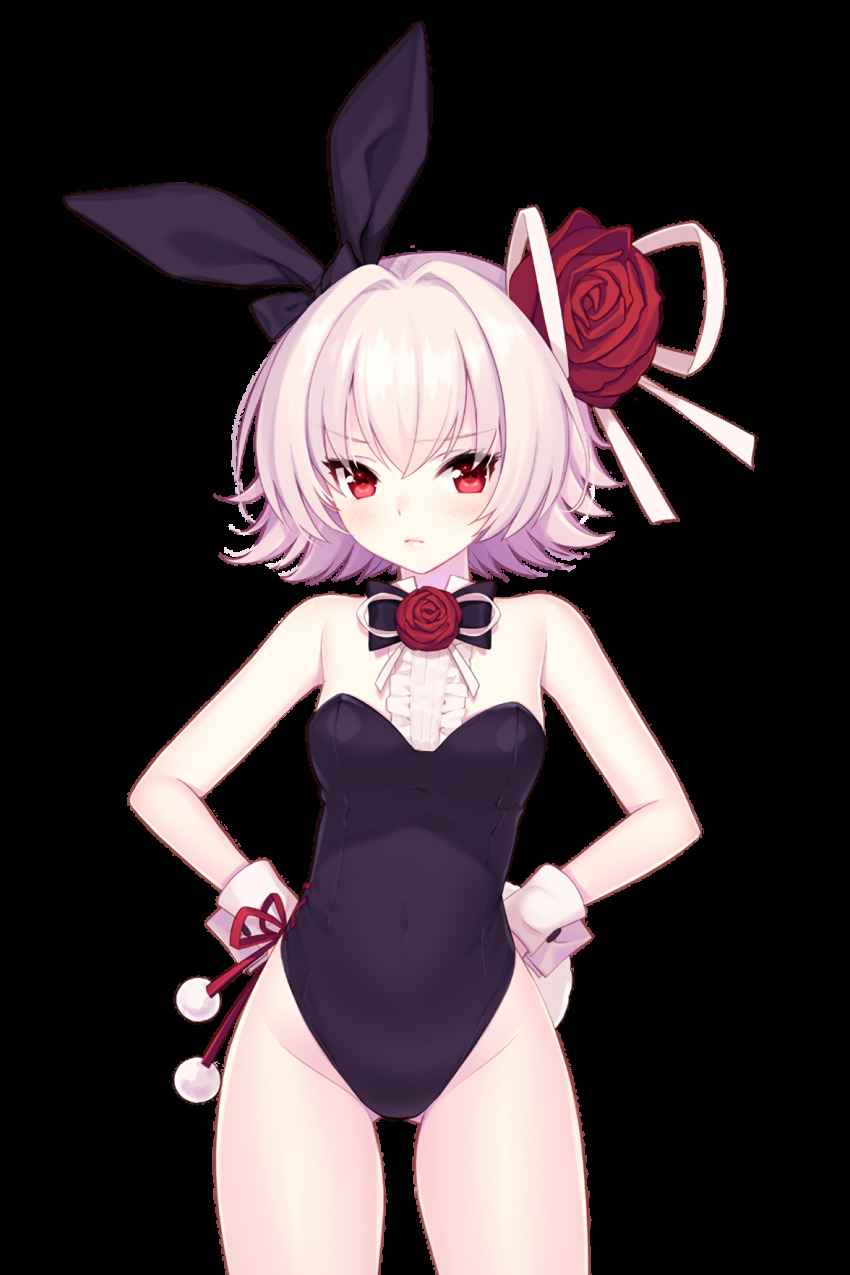 1girl animal_ears bare_shoulders black_leotard black_ribbon breasts embarrassed eve_(soccer_spirits) fake_animal_ears flower gluteal_fold hair_flower hair_ornament hands_on_own_hips highres leotard looking_at_viewer official_art pink_hair playboy_bunny rabbit_ears red_eyes red_flower red_rose resized ribbon rose shirahane_nao short_hair side-tie_leotard small_breasts soccer_spirits solo transparent_background upscaled